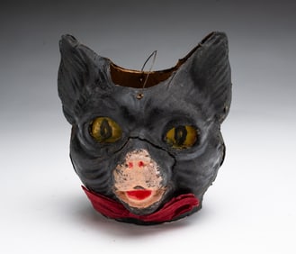GERMAN PAINTED AND MOLDED PAPER BLACK CAT HALLOWEEN LANTERN.