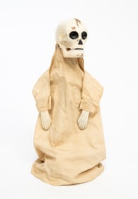 AMERICAN FOLK ART CARVED AND PAINTED WOOD SKELETON PUPPET.