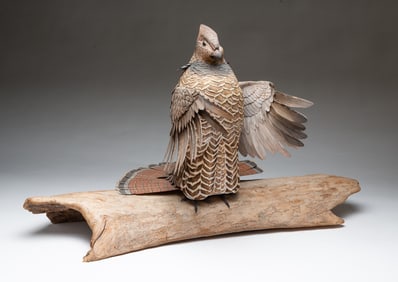 JAMES SEIBERT (AMERICAN) CARVED AND PAINTED RUFFED GROUSE, DATED 1982.
