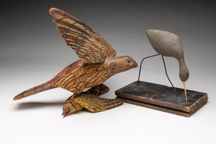 TWO AMERICAN FOLK ART CARVED AND PAINTED BIRDS, INCL. HAWK AND SHOREBIRD.
