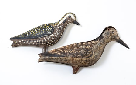 TWO AMERICAN PAINTED TIN "TINNIE" SHOREBIRD DECOYS.