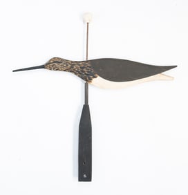 AMERICAN FOLK ART CARVED AND PAINTED WOODPECKER NOISEMAKER, SIGNED "HPS" AND "WFK".