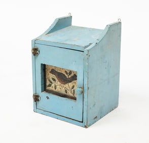 AMERICAN PAINT-DECORATED PINE WALL BOX WITH PUNCHED TIN AND POLYCHROMED PANEL.