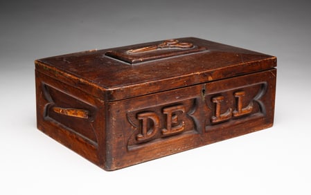 WISCONSIN FOLK ART RELIEF-CARVED SEWING BOX, DATED 1875.