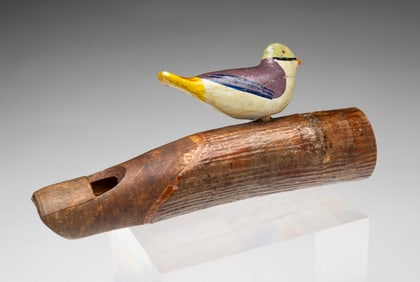 MAINE FOLK ART CARVED AND PAINTED WOOD BIRD WHISTLE.