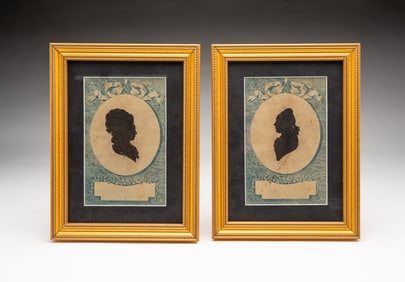 PAIR OF FRENCH CUT-PAPER AND PRINTED SILHOUETTE PORTRAIT BOOKPLATES.