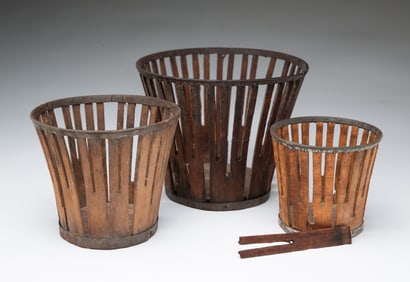 THREE SHAKER SLATTED WOOD BERRY BASKETS.