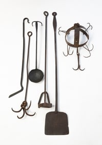 SIX AMERICAN WROUGHT IRON HEARTH ACCESSORIES AND BRANDING IRON.