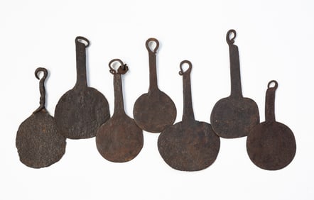 SEVEN AMERICAN WROUGHT IRON SPATULAS.