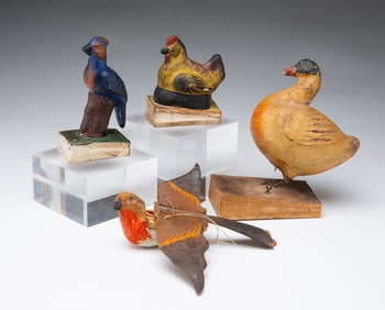 FOUR GERMAN PIPSQUEAK BIRD TOYS.