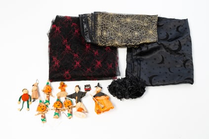 COLLECTION OF FOURTEEN HALLOWEEN FIGURES AND FABRICS.