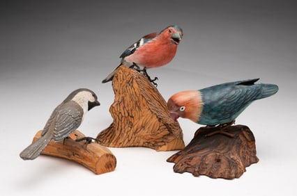 THREE FOLK ART CARVED AND PAINTED WOOD BIRDS, INCL. ONE BY ANTHONY RUDISILL (AMERICAN, B. 1934).