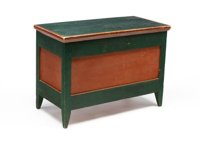 AMERICAN GREEN AND ORANGE-PAINTED WALNUT CHILD'S SIZE BLANKET CHEST.