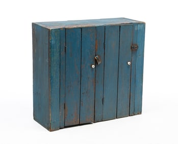 AMERICAN BLUE-PAINTED PINE AND POPLAR LOW KITCHEN CABINET.