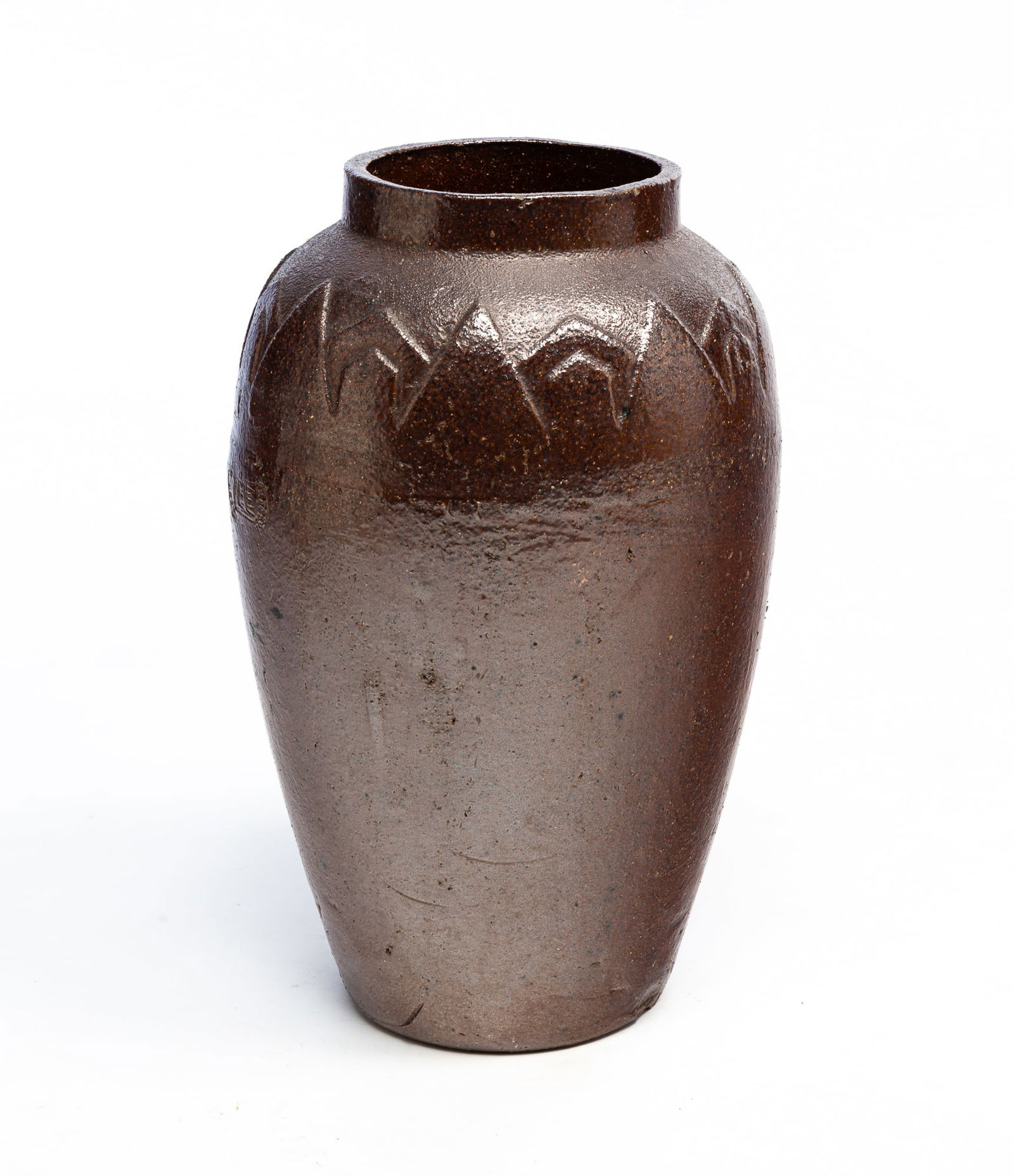 LARGE AMERICAN SEWER TILE FLOOR VASE.: Early 20th Century. Baluster-form vase with triangle and hexagon pattern at shoulder. 19"h. 11"w.Provenance: From the Lifetime Collection of the late Dave & Jeanne Kessler (Delaware, Ohio).