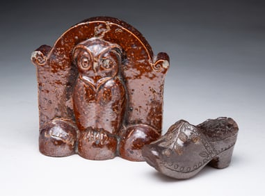 AMERICAN SEWER TILE OWL BOOKEND AND CLOG-FORM SHOE.