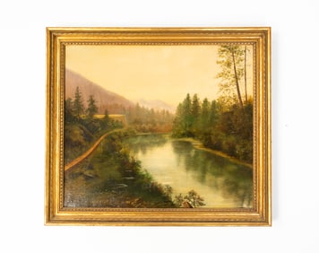 AMERICAN SCHOOL OIL ON CANVAS WOODED RIVER SCENE.