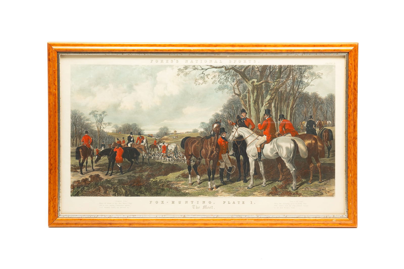"FORES'S NATIONAL SPORTS FOX-HUNTING PLATE ONE. THE MEET" PRINT.: Mid-19th Century. After J.F. Herring engraved by J. Harris. Nice colorful busy print with horses, red coated hunters and wooded countryside. In a bird's-eye maple frame with silver liner, 29"h. 48.25"