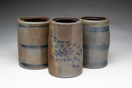 THREE DIMINUTIVE AMERICAN COBALT-DECORATED STONEWARE CANNING JARS, INCL. A. CONRAD (NEW GENEVA,