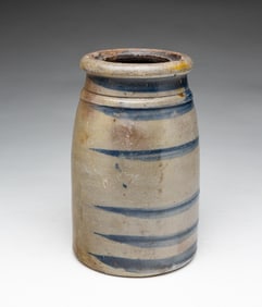 AMERICAN STONEWARE CANNING JAR WITH COBALT STRIPES.