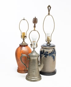 THREE AMERICAN TABLE LAMPS, INCL. COBALT-DECORATED STONEWARE EXAMPLE.