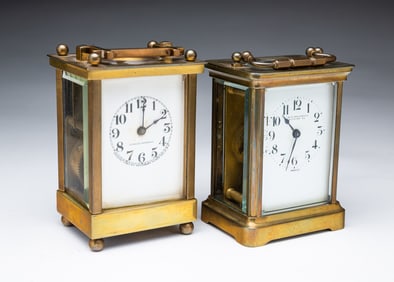 TWO AMERICAN BRASS CARRIAGE CLOCKS.
