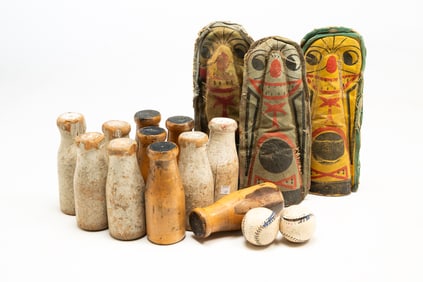 AMERICAN CARNIVAL ITEMS, INCL. KNOCK-DOWN MILK BOTTLES AND CLOWNS.