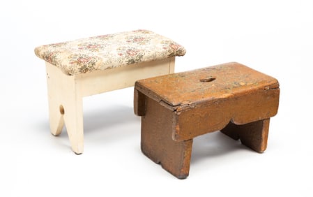 TWO AMERICAN PAINTED FOOTSTOOLS, INCL. UPHOLSTERED EXAMPLE.