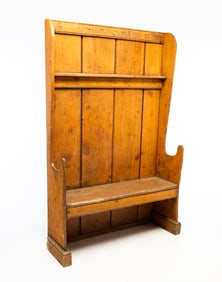 ENGLISH PINE HIGH-BACK FIRESIDE BENCH.