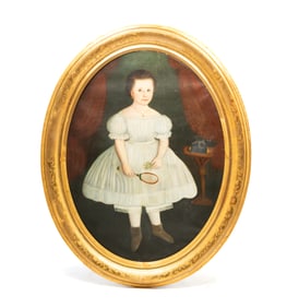 AMERICAN FOLKSY OIL ON CANVAS PORTRAIT OF A YOUNG GIRL.