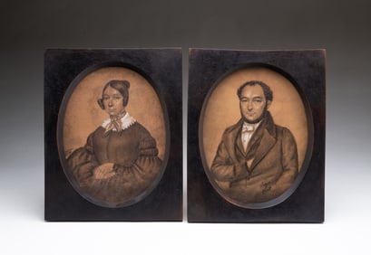 FRENCH CHARCOAL PORTRAITS OF MR. AND MRS. ROUSSEAU, DATED 1838.