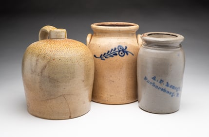 THREE AMERICAN STONEWARE VESSELS, INCL. A.P. DONAGHHO (PAKERSBURG, WEST VIRGINIA) CANNING JAR.