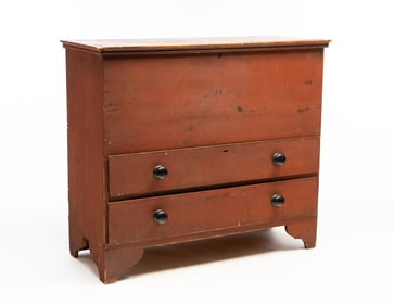 NEW ENGLAND RUST RED-PAINTED PINE MULE CHEST.
