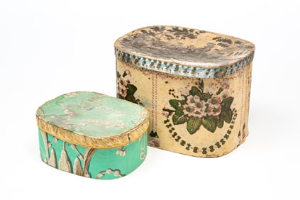 TWO VIBRANT AMERICAN WALLPAPER-COVERED BAND BOXES.