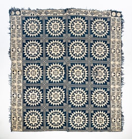 RARE AMERICAN OVERSHOT COVERLET WITH FROWNING FACES.