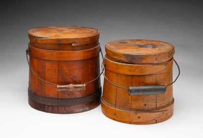 TWO DIMINUTIVE AMERICAN STAVED AND FINGER-LAPPED FIRKINS.