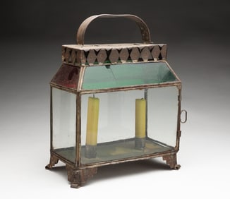 TIN AND GLASS DOUBLE-CANDLE LANTERN.