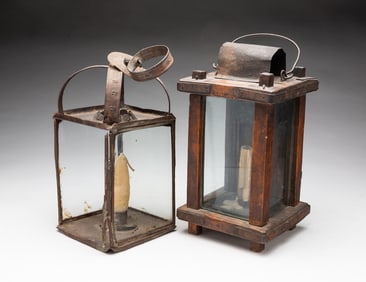 TWO AMERICAN WOOD AND METAL CANDLE LANTERNS.