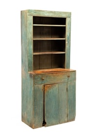 AMERICAN BLUE-PAINTED PINE STEPBACK CUPBOARD.