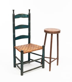 AMERICAN BLUE-PAINTED LADDER-BACK CHAIR AND A HIGH STOOL.