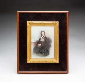 DIMINUTIVE AMERICAN SCHOOL WATERCOLOR ON PORCELAIN PORTRAIT OF WOMAN.