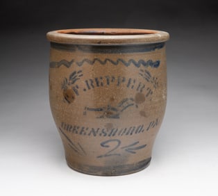 T.F. REPPERT (GREENSBORO, PENNSYLVANIA) COBALT-DECORATED STONEWARE CROCK.