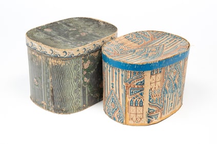TWO AMERICAN WALLPAPER-COVERED BAND BOXES.
