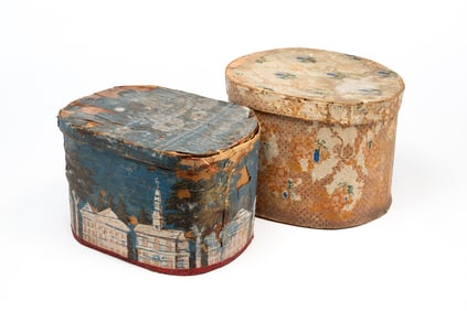 TWO LARGE AMERICAN WALLPAPER-DECORATED BENTWOOD BAND BOXES.