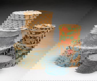 GROUP OF SIX AMERICAN PAPER AND FABRIC-DECORATED BOXES.