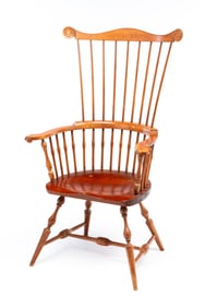 STEPHEN A. ADAMS (DENMARK, MAINE) MAPLE FAN-BACK WINDSOR ARMCHAIR.