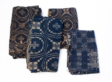 FOUR AMERICAN OVERSHOT COVERLET PANELS.