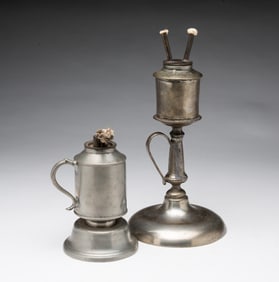 TWO AMERICAN PEWTER OIL LAMPS.