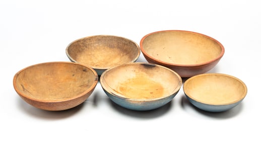 FIVE LARGE AMERICAN TURNED WOOD BOWLS, MOST PAINTED.