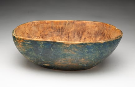 AMERICAN CARVED AND BLUE-PAINTED WOOD BOWL, DATED 1877.